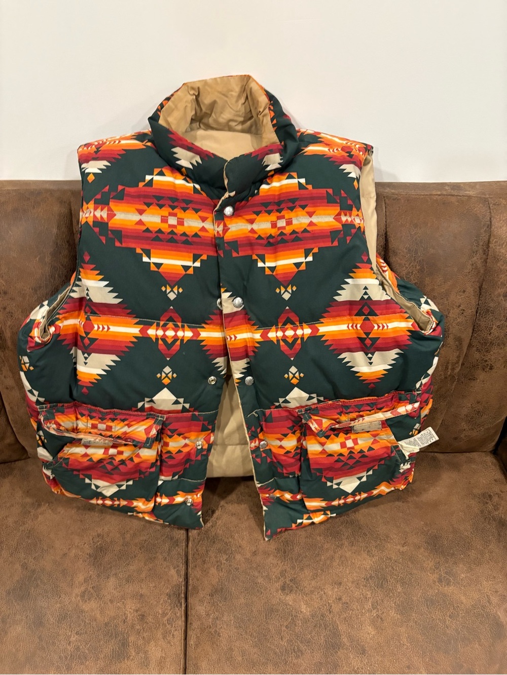 Polo by Ralph Lauren Men's Aztec Puffer Vest in Forest Green/Red/Orange